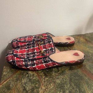 GUCCI Plaid Tweed Princetown Red Blue Slip on Mule Loafers (EU 40)